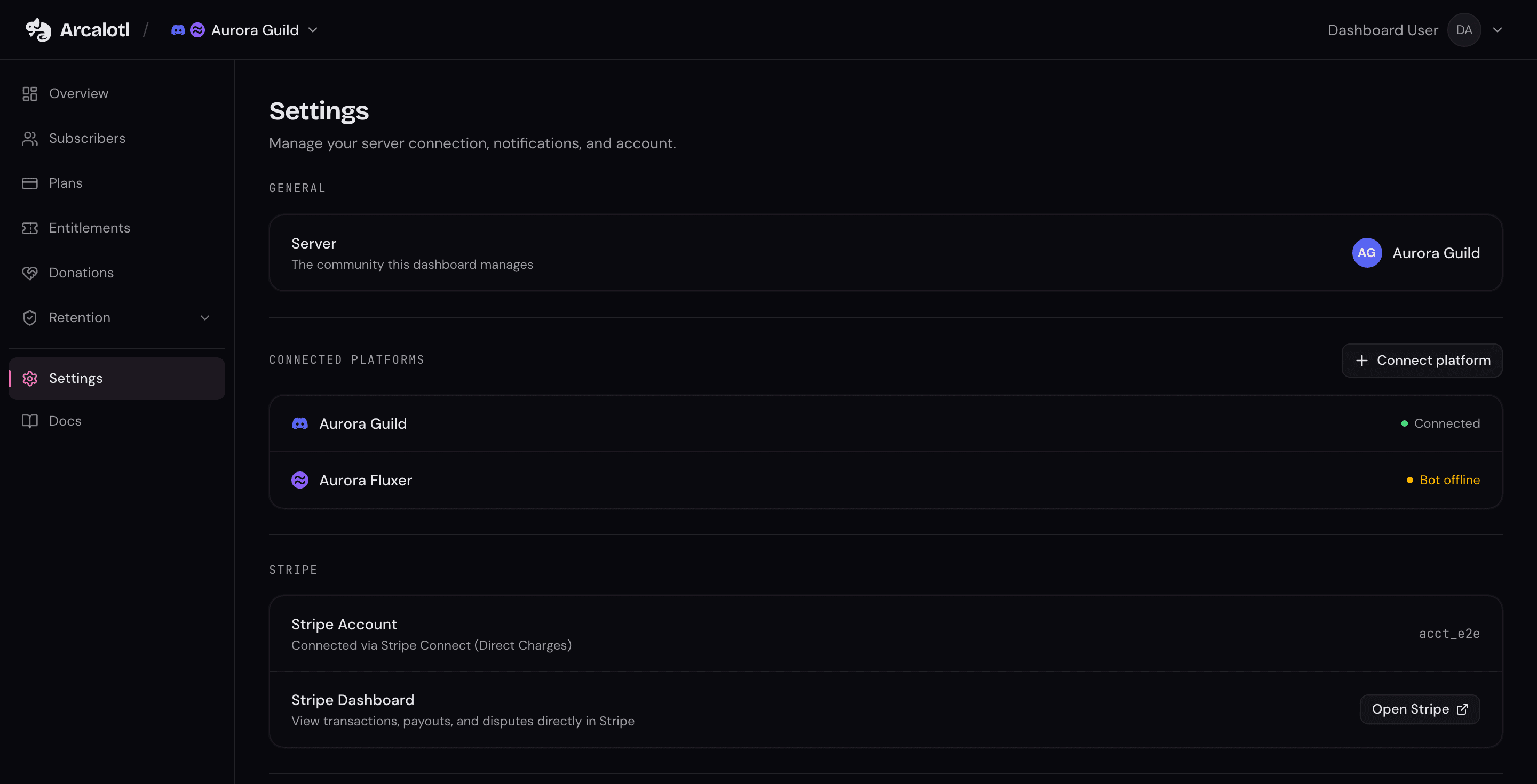 Settings page with the server connection, connected platforms, and Stripe account sections