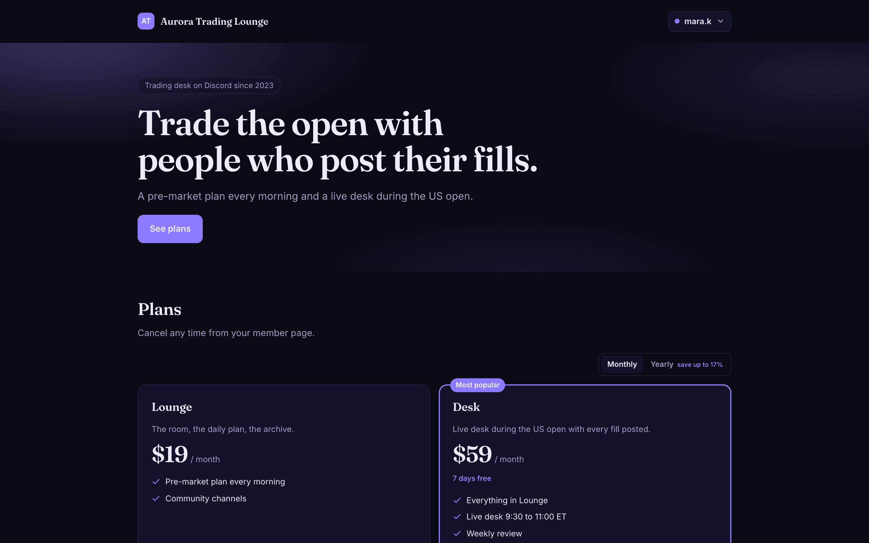 A published storefront: the community name and a signed-in member in the top bar, a hero with a See plans button, and plan cards with prices and features