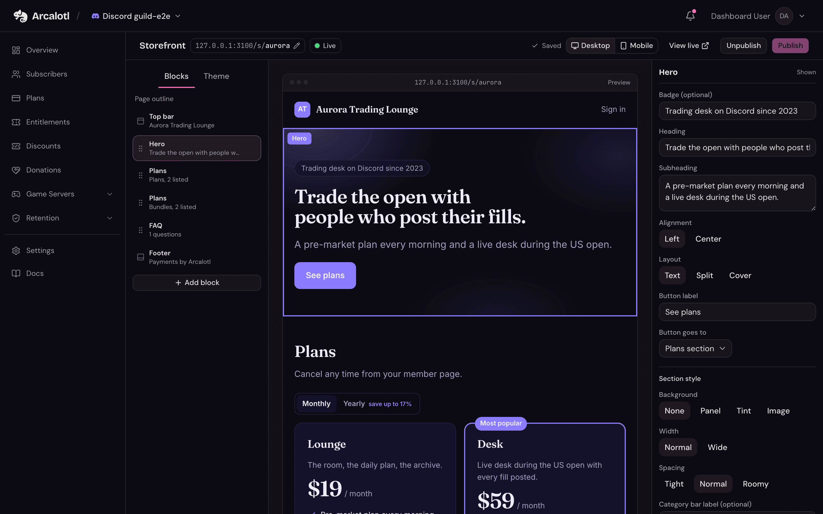 The storefront builder: page outline on the left, live preview in the middle, and the selected block's settings on the right