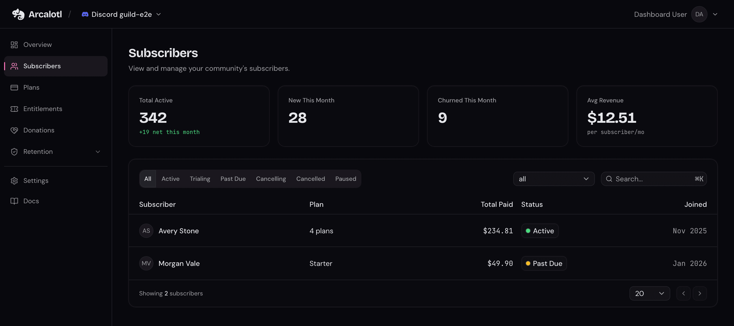Subscribers view with status filters, search, and a paginated member list