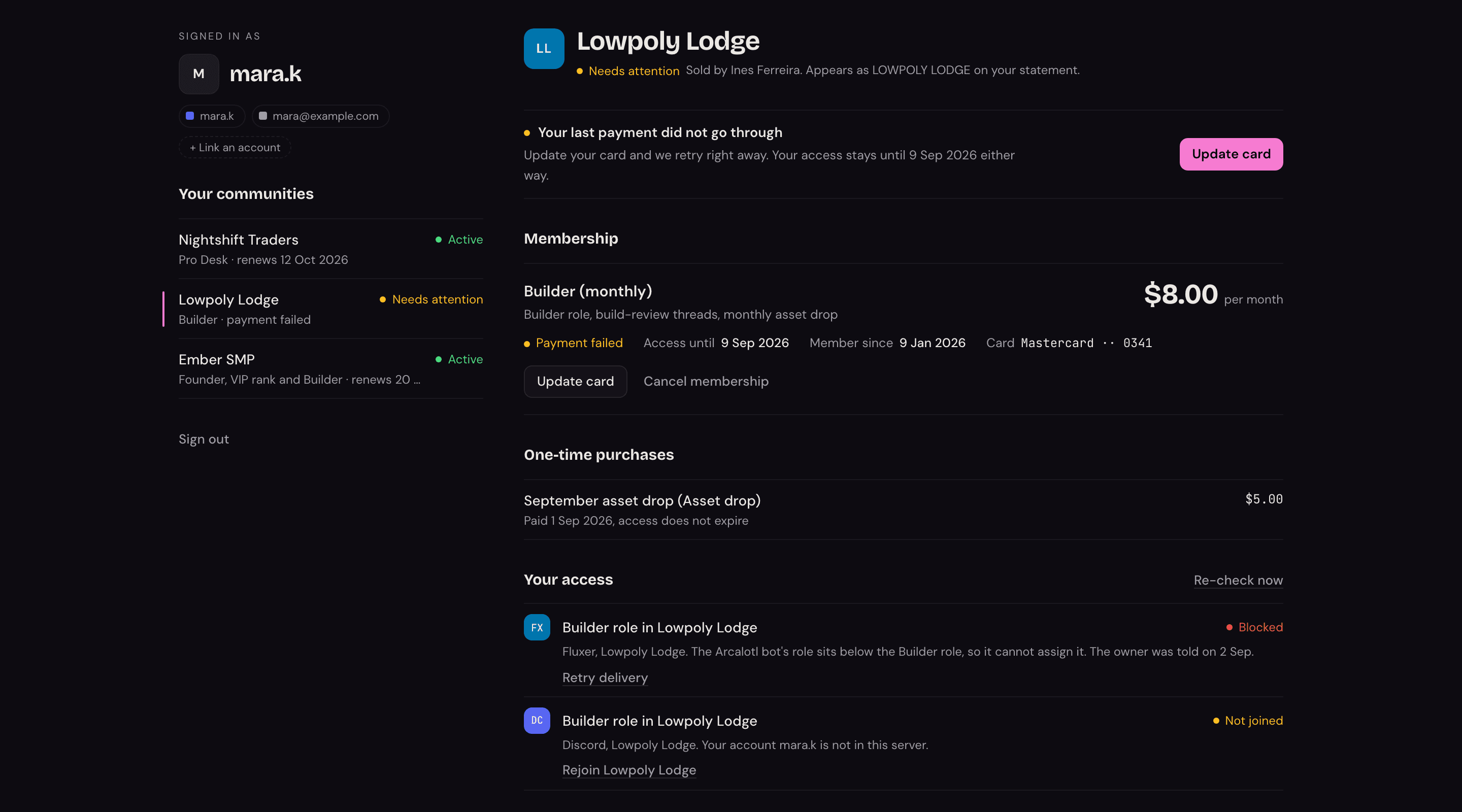 A community page with a failed-payment notice and Update card action, a blocked role explaining that the bot's role sits below the paid role, and a not-joined role with a rejoin link