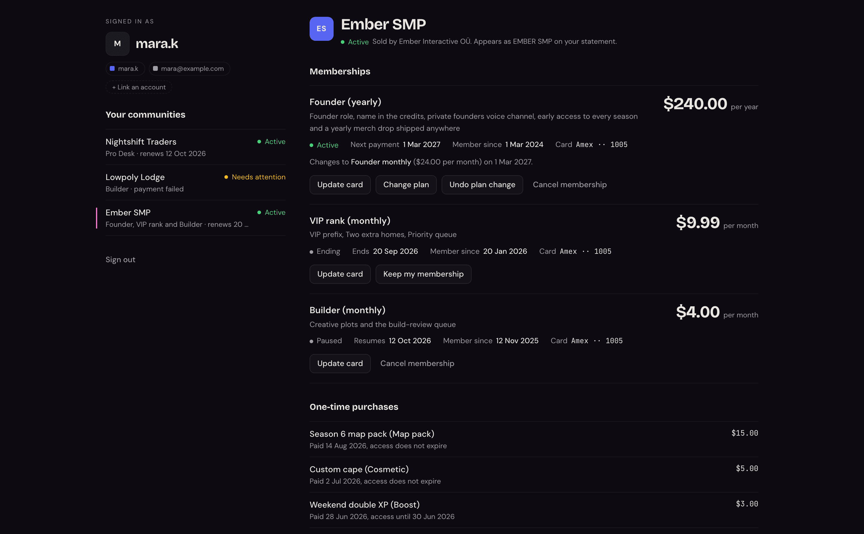 A community page with three memberships (one active with a scheduled plan change, one ending, one paused) and a list of one-time purchases